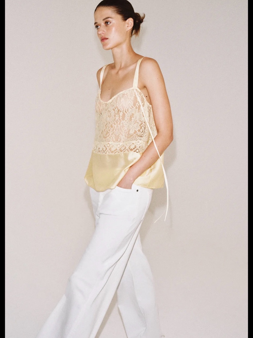 Zara ZW Collection Yellow Lace & Satin Effect Top New Size Small